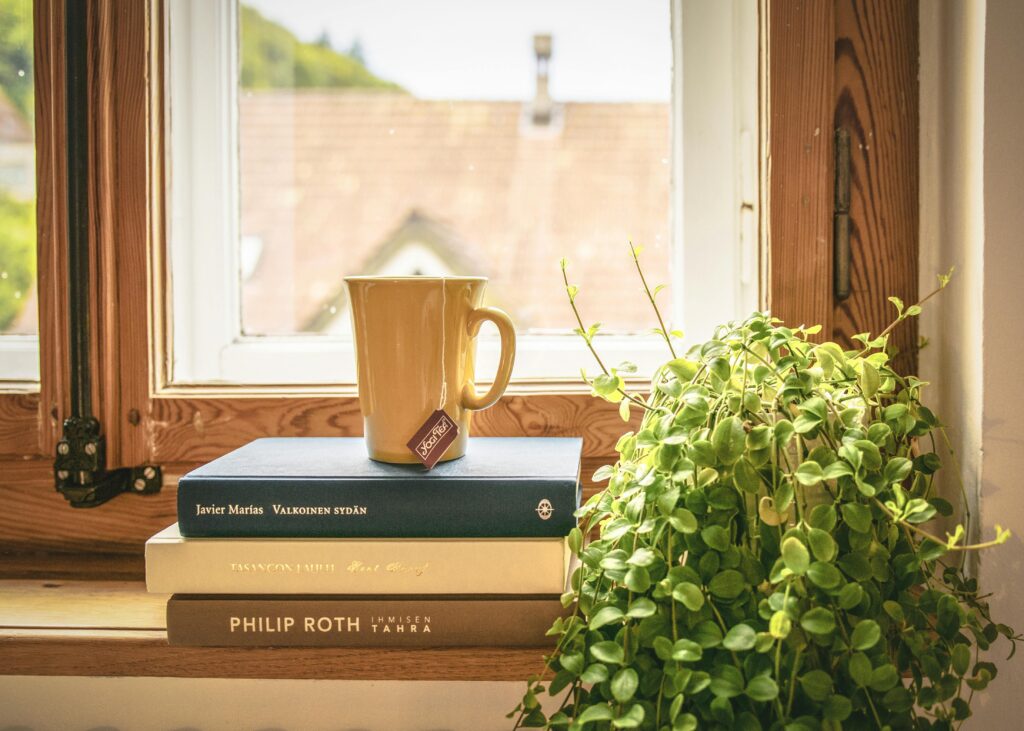 Your rainy day fund (and why it might be the most important thing you do this year) A warm scene featuring a mug and books by a sunny window, perfect for relaxation and reading.